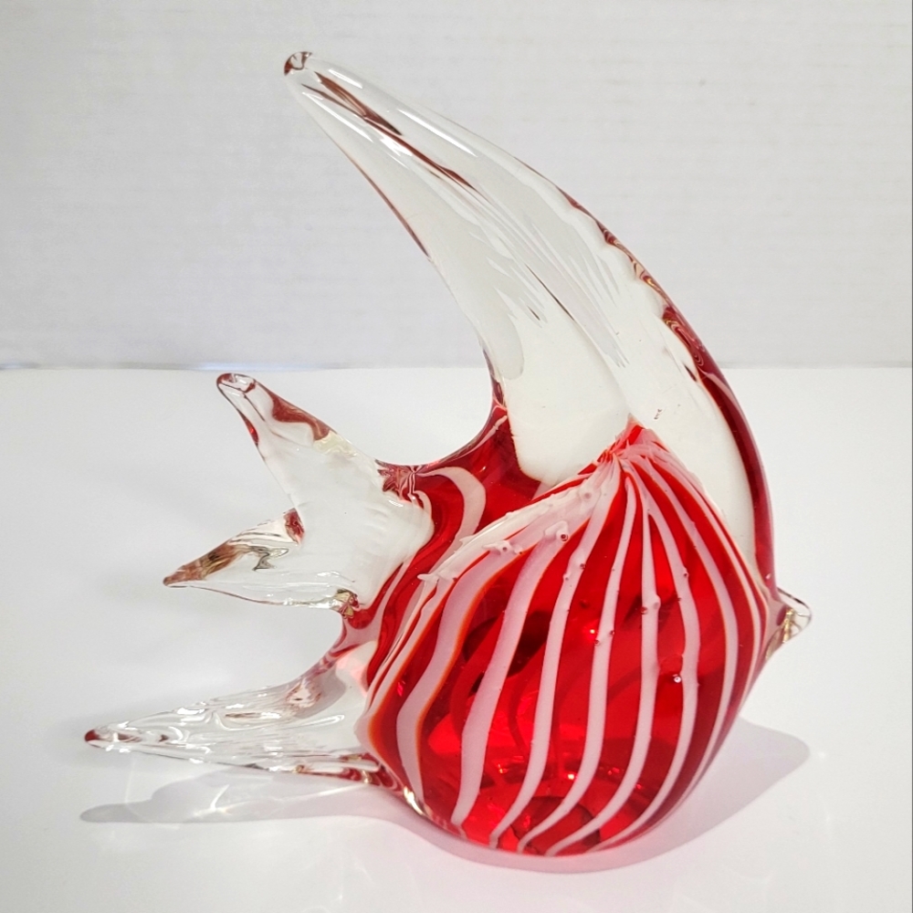 Hand Fused Red White Striped Glass Angel Fish Excellent Condition